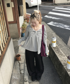 オフショルストライプリボンＴシャツ LIGHT GRAY