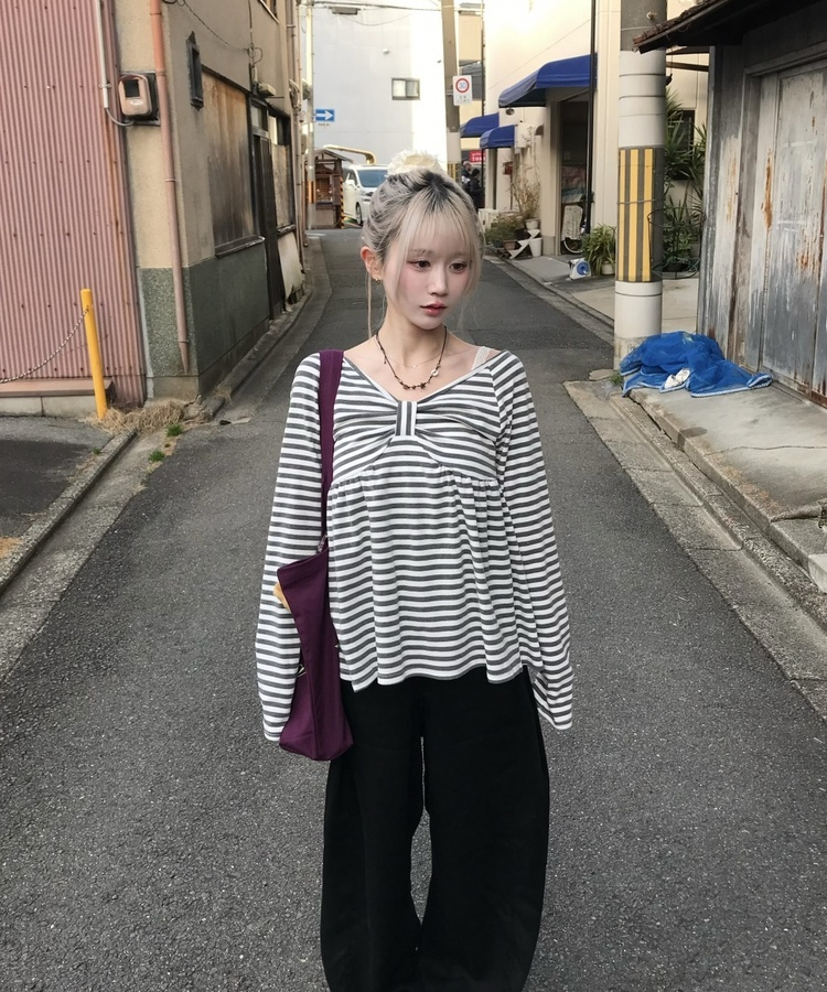 オフショルストライプリボンＴシャツ LIGHT GRAY