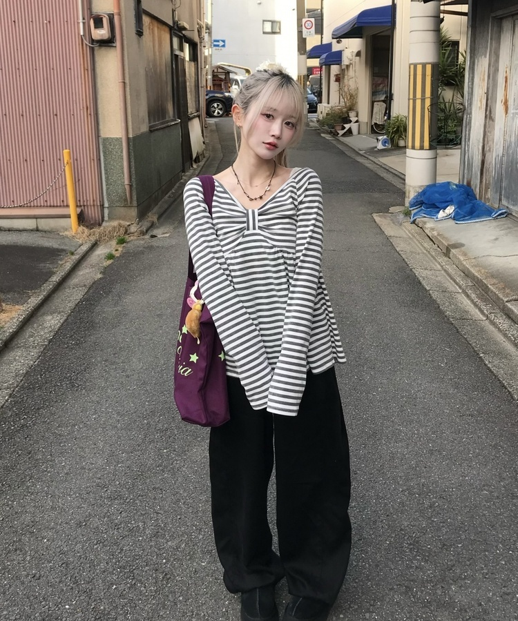 オフショルストライプリボンＴシャツ LIGHT GRAY