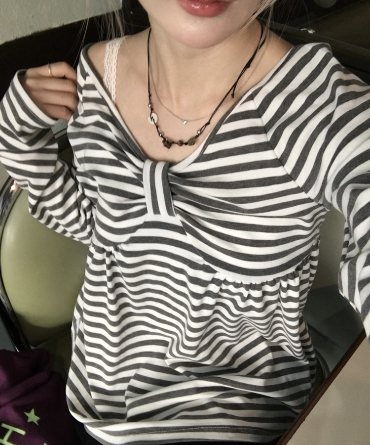 オフショルストライプリボンＴシャツ LIGHT GRAY