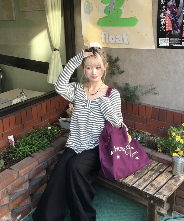 オフショルストライプリボンＴシャツ LIGHT GRAY