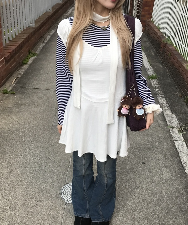 【머플러 포함】플레어 원피스 아이보리