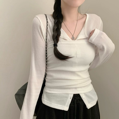 리리 레이어드 라운드넥 골지 긴팔 가디건 셔링 탑 세트 투피스 봄 봄옷 상의 벚꽃 수학여행 아이보리