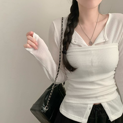 리리 레이어드 라운드넥 골지 긴팔 가디건 셔링 탑 세트 투피스 봄 봄옷 상의 벚꽃 수학여행 아이보리