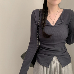 리리 레이어드 라운드넥 골지 긴팔 가디건 셔링 탑 세트 투피스 봄 봄옷 상의 벚꽃 수학여행 먹색