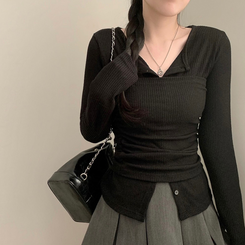 리리 레이어드 라운드넥 골지 긴팔 가디건 셔링 탑 세트 투피스 봄 봄옷 상의 벚꽃 수학여행 블랙