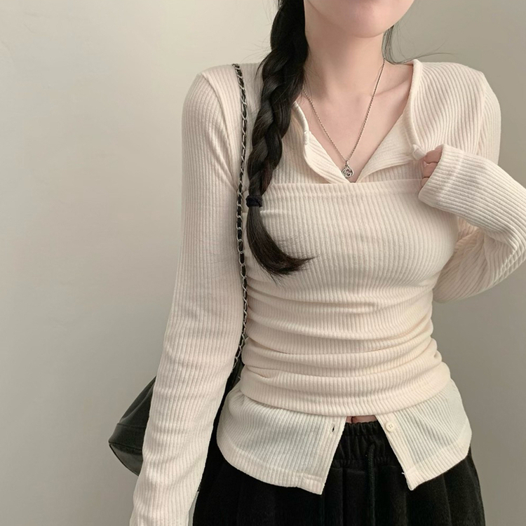 리리 레이어드 라운드넥 골지 긴팔 가디건 셔링 탑 세트 투피스 봄 봄옷 상의 벚꽃 수학여행 크림