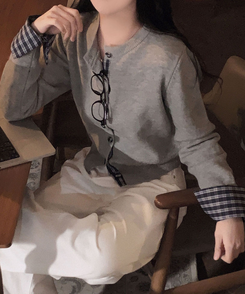 チェックバイカラーシャツカーディガン GREY