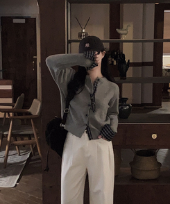 チェックバイカラーシャツカーディガン GREY