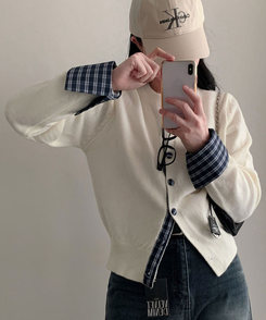 チェックバイカラーシャツカーディガン IVORY