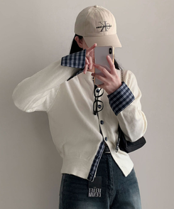 チェックバイカラーシャツカーディガン IVORY