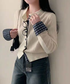 チェックバイカラーシャツカーディガン IVORY