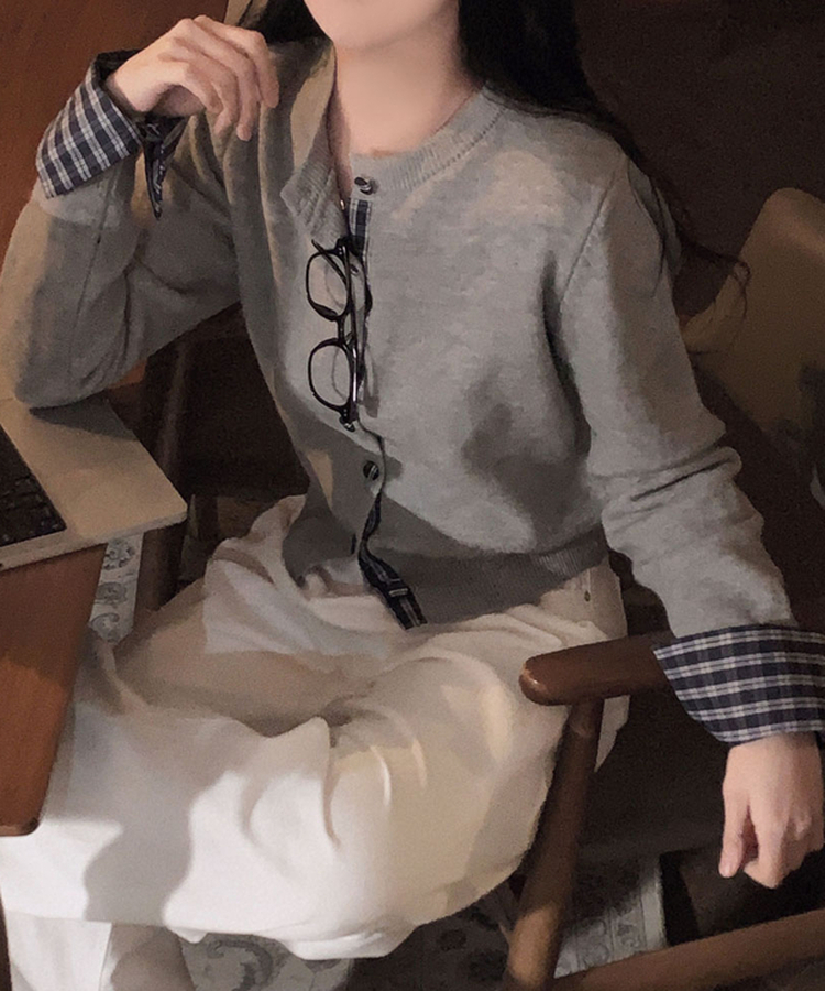 チェックバイカラーシャツカーディガン GREY