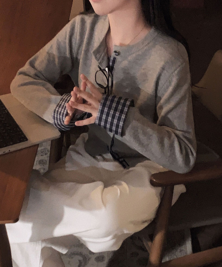 チェックバイカラーシャツカーディガン GREY