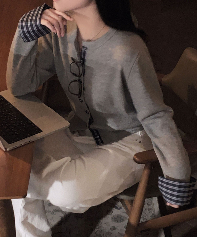 チェックバイカラーシャツカーディガン GREY