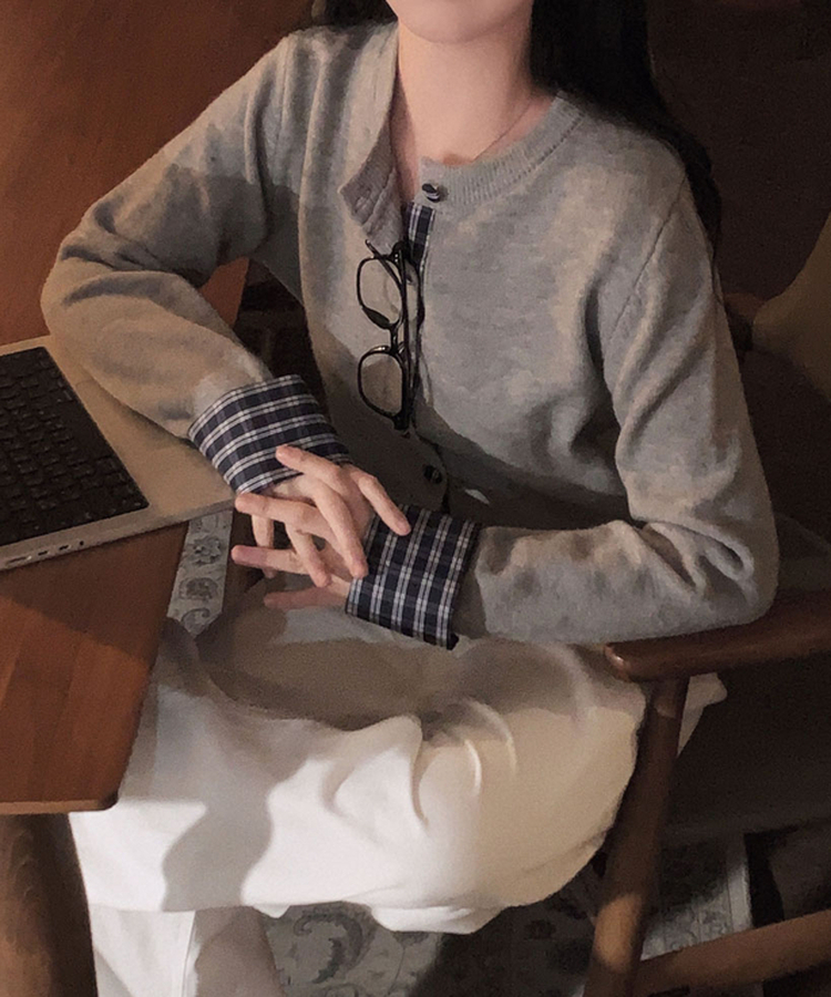 チェックバイカラーシャツカーディガン GREY