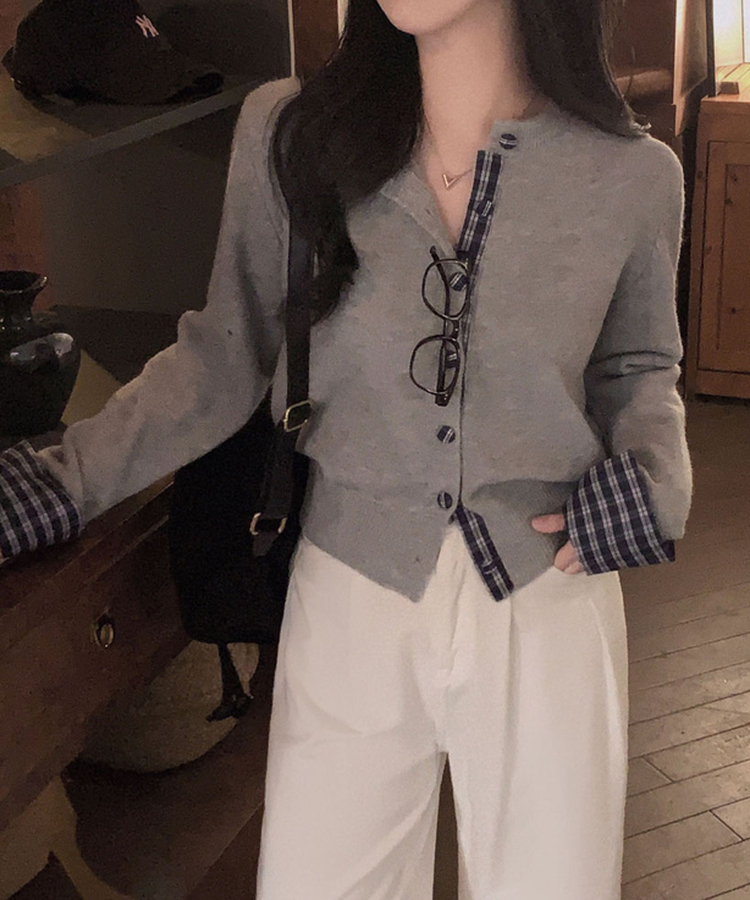 チェックバイカラーシャツカーディガン GREY