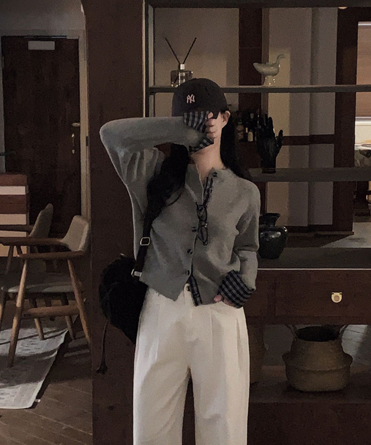 チェックバイカラーシャツカーディガン GREY