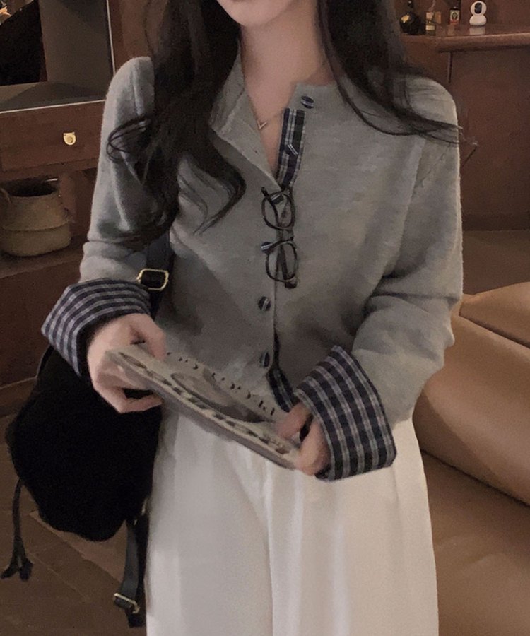 チェックバイカラーシャツカーディガン GREY