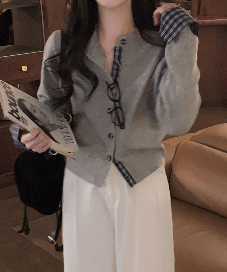 チェックバイカラーシャツカーディガン GREY