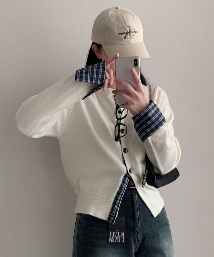 チェックバイカラーシャツカーディガン IVORY