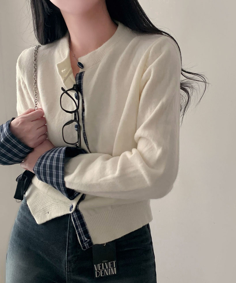 チェックバイカラーシャツカーディガン IVORY