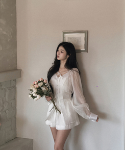 【SET】シアリングリボンブラウス ショートパンツ IVORY