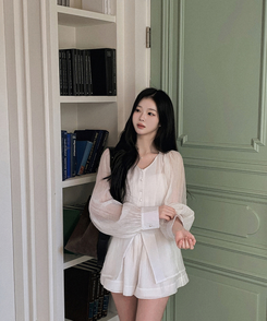 【SET】シアリングリボンブラウス ショートパンツ IVORY