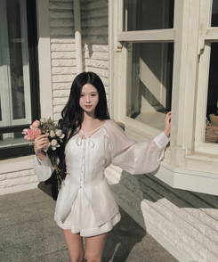 【SET】シアリングリボンブラウス ショートパンツ IVORY