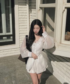 【SET】シアリングリボンブラウス ショートパンツ IVORY