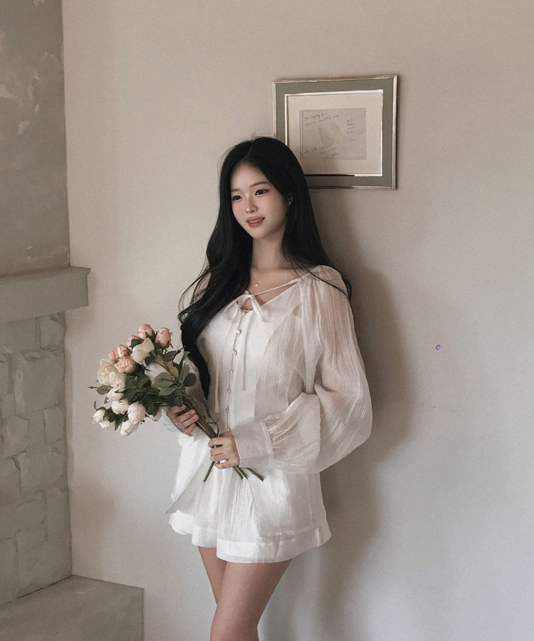 【SET】シアリングリボンブラウス ショートパンツ IVORY