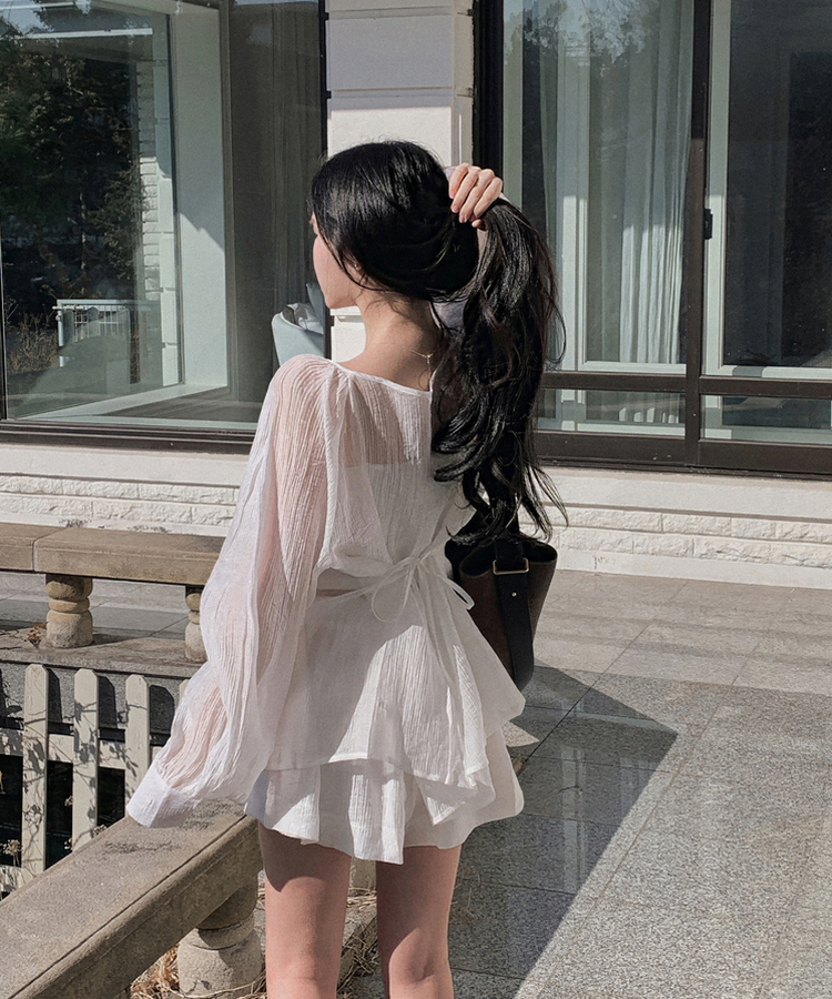 【SET】シアリングリボンブラウス ショートパンツ IVORY