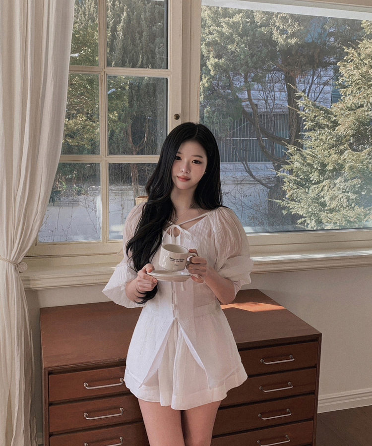 【SET】シアリングリボンブラウス ショートパンツ IVORY