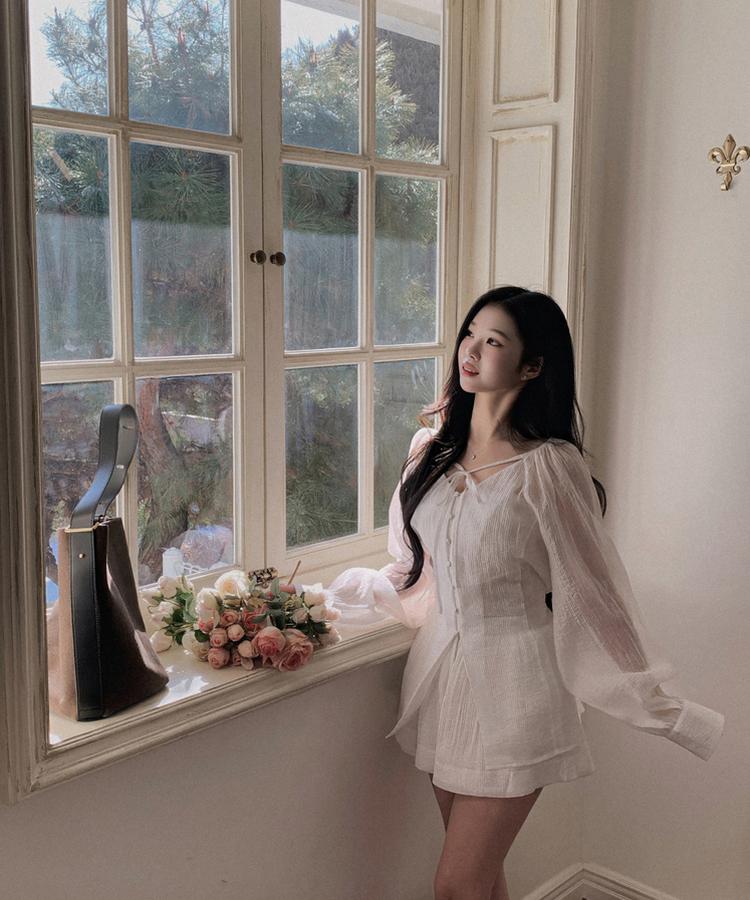 【SET】シアリングリボンブラウス ショートパンツ IVORY