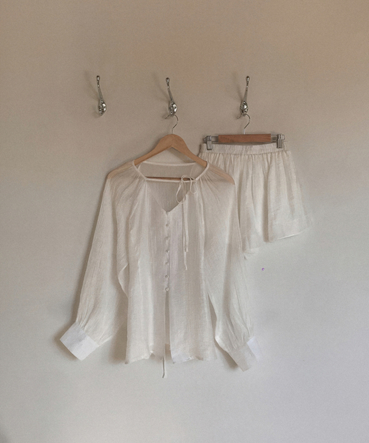 【SET】シアリングリボンブラウス ショートパンツ