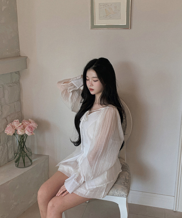 【SET】シアリングリボンブラウス ショートパンツ IVORY