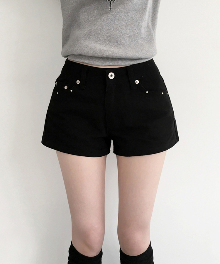 테피 스터드 백포켓 포인트 면 숏 팬츠 블랙