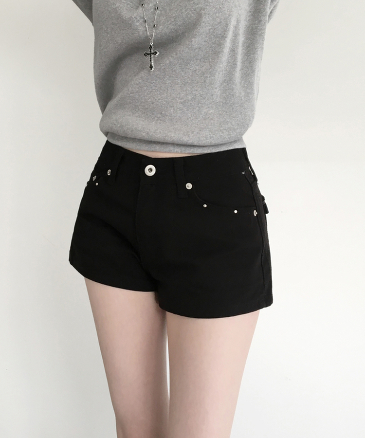테피 스터드 백포켓 포인트 면 숏 팬츠 블랙
