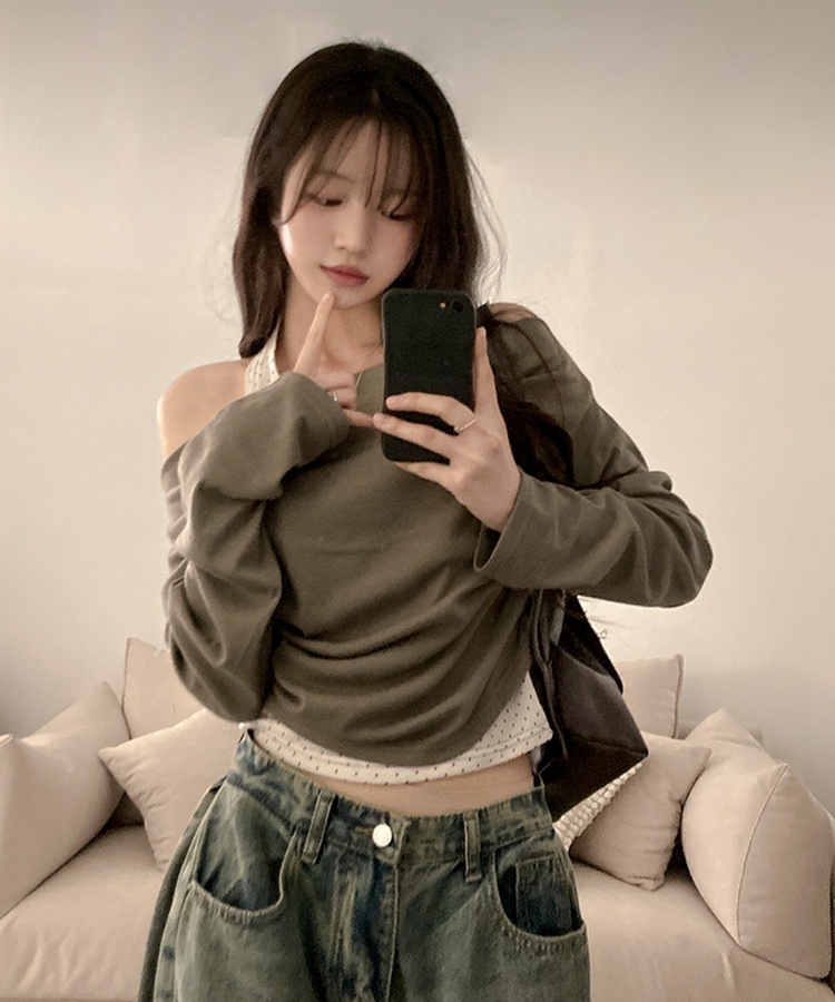 포카 도트 홀터 레이어드 드레이프 티셔츠 카키