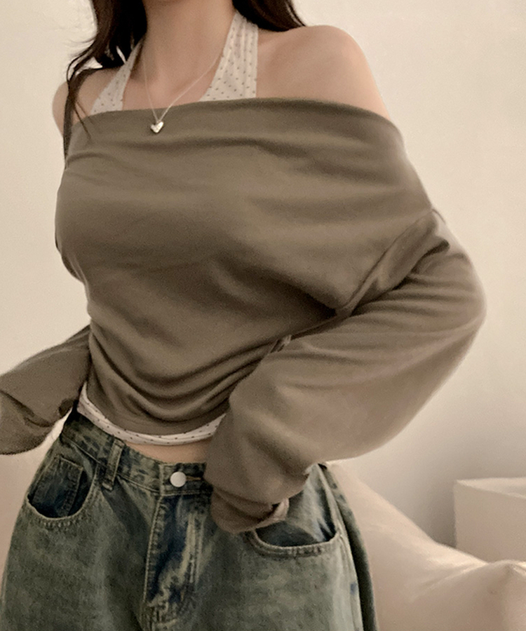 포카 도트 홀터 레이어드 드레이프 티셔츠 카키