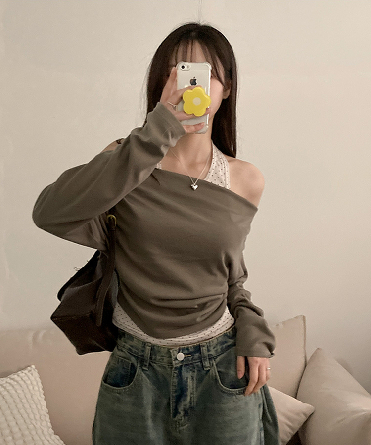 포카 도트 홀터 레이어드 드레이프 티셔츠 카키