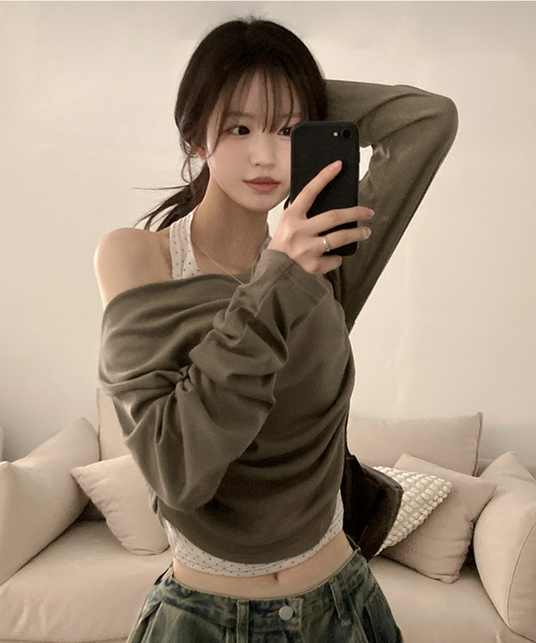 포카 도트 홀터 레이어드 드레이프 티셔츠 카키