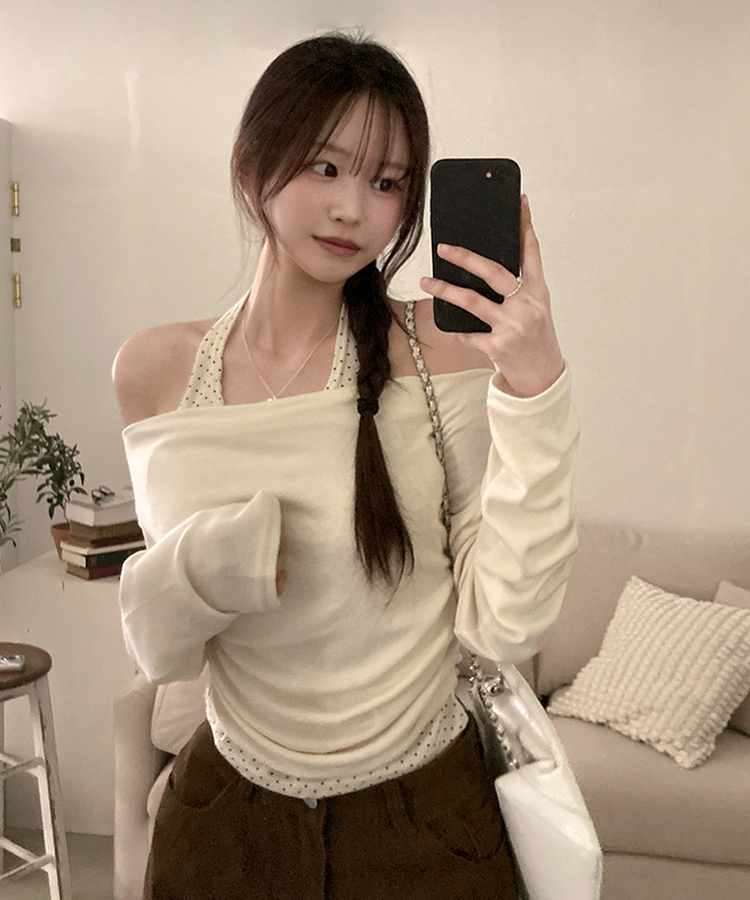 포카 도트 홀터 레이어드 드레이프 티셔츠 크림