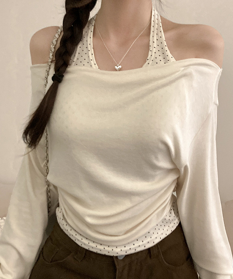 포카 도트 홀터 레이어드 드레이프 티셔츠 크림