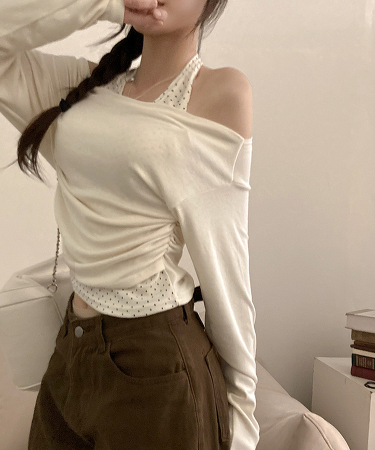 포카 도트 홀터 레이어드 드레이프 티셔츠 크림
