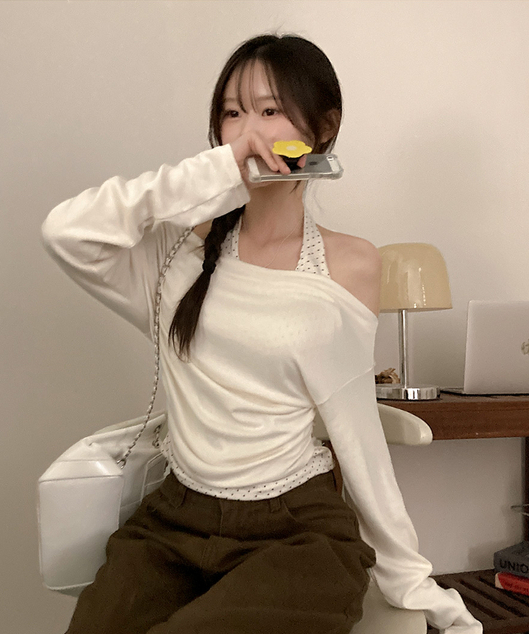 포카 도트 홀터 레이어드 드레이프 티셔츠 크림