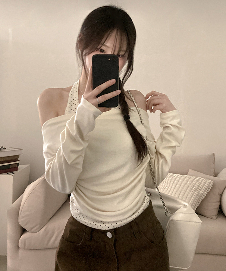 포카 도트 홀터 레이어드 드레이프 티셔츠 크림