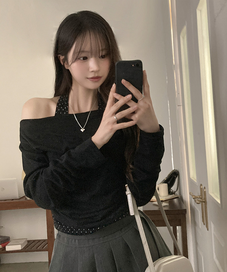 포카 도트 홀터 레이어드 드레이프 티셔츠 블랙