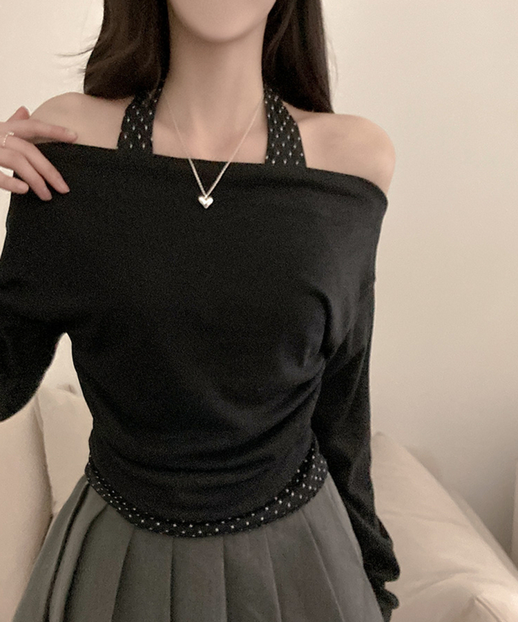 포카 도트 홀터 레이어드 드레이프 티셔츠 블랙