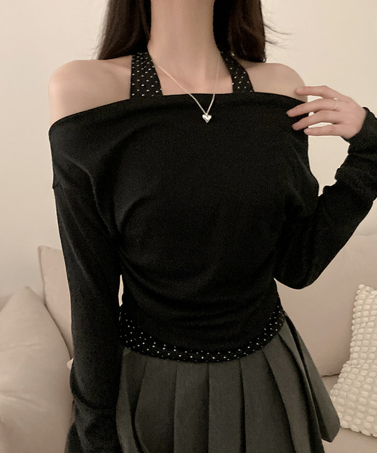 포카 도트 홀터 레이어드 드레이프 티셔츠 블랙